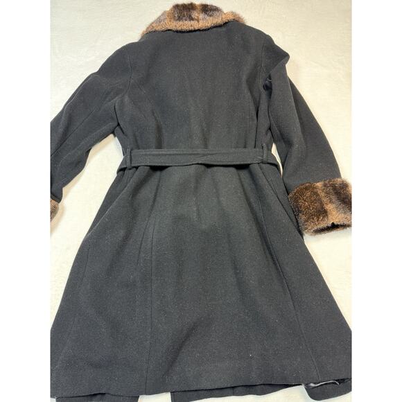 Jessica London Vintage Wool Blend Coat Faux Fur Collar Cuffs Belted Black Medium - Picture 7 of 12
